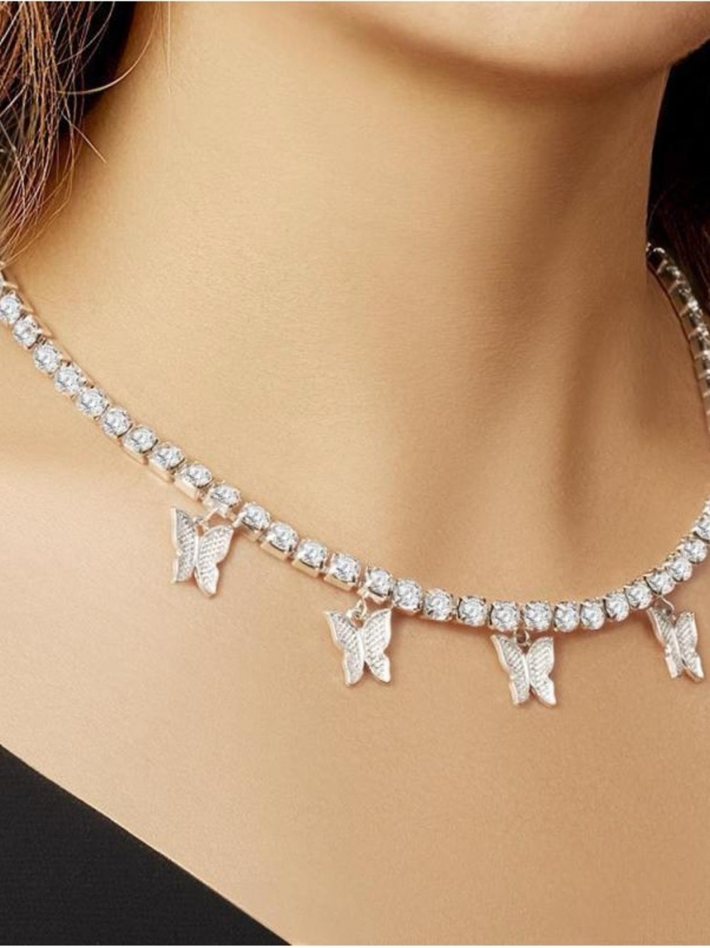 Silver Butterfly Rhinestone Tennis Choker Necklace